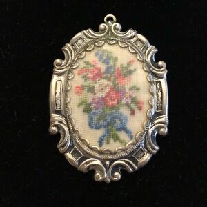 Artisan Petit Point Floral Bouquet Framed Pendant. Vintage embroidery necklace